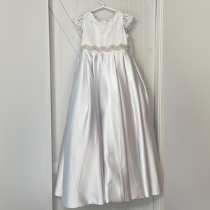 JJs House White Satin Lace Flower-girl Baptism Communion Dress with Bow NWT